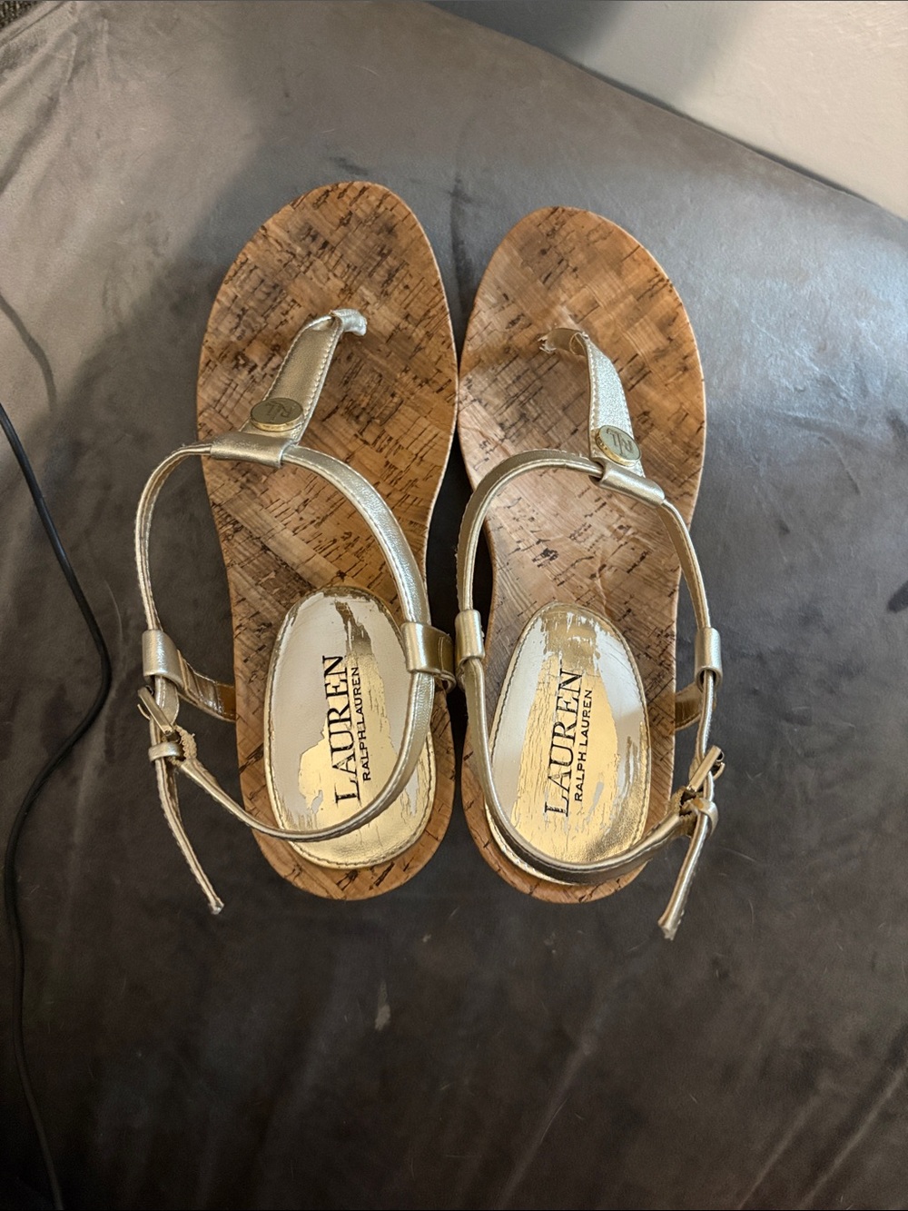 LAUREN Ralph Lauren Metallic Gold Cork T-Strap Sandals